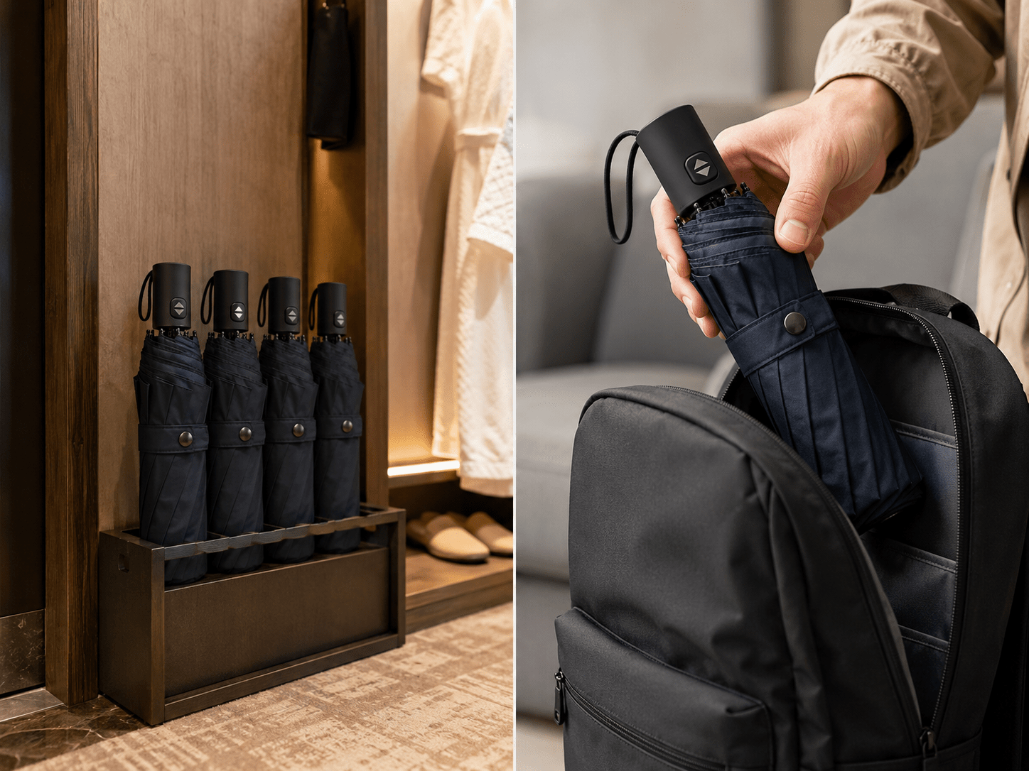 Custom automatic folding umbrellas for modern corporate lifestyle branding, showcasing a durable compact travel umbrella option provided by the manufacturer for high-end executive promotional gift wholesale.