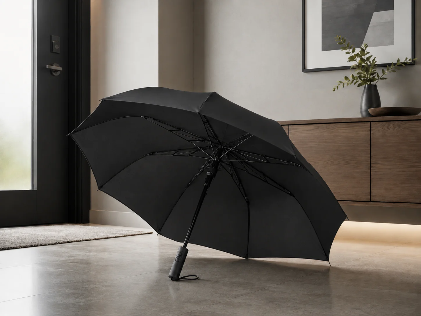 Custom automatic windproof folding umbrellas for executive corporate programs, demonstrating a durable multi-rib frame construction provided by the manufacturer for high-end wholesale merchandise and business gift solutions.