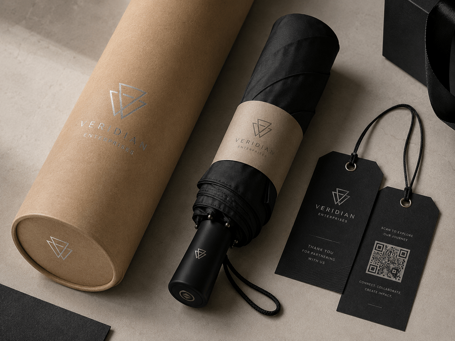 Custom corporate gift umbrellas with matching luxury packaging for enterprises and premium brands, showcasing customized silver foil stamped paper canisters, branded handles, and interactive scannable QR tags provided by the manufacturer for volume promotional wholesale.