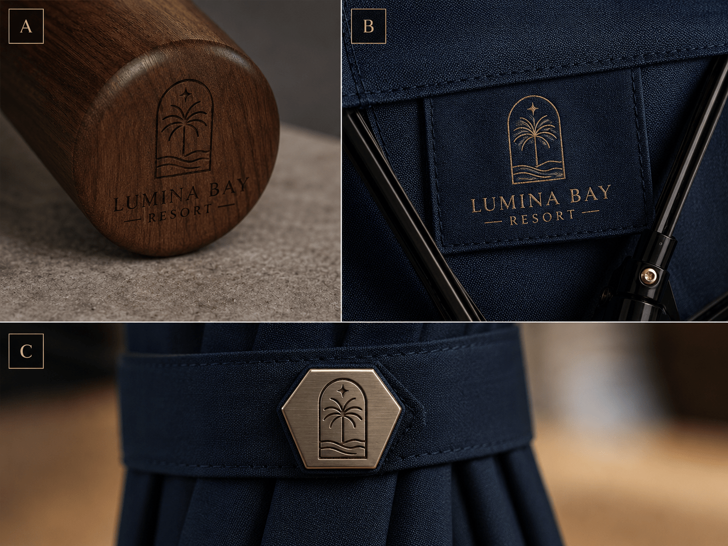 Custom luxury umbrella branding solutions from a premier supplier, demonstrating customized wooden handle engraving, premium gold-threaded woven tags, and custom-molded snap buttons for high-end resort and corporate hospitality gift wholesale.