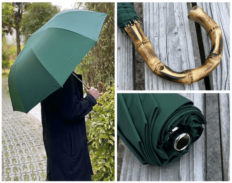 Premium wooden J-handle for custom auto-folding umbrellas. As a reliable OEM umbrella supplier, we offer flexible MOQ and various handle materials (solid wood, EVA, plastic) for B2B wholesale corporate gift umbrellas, elevating your brand's promotional merchandise.