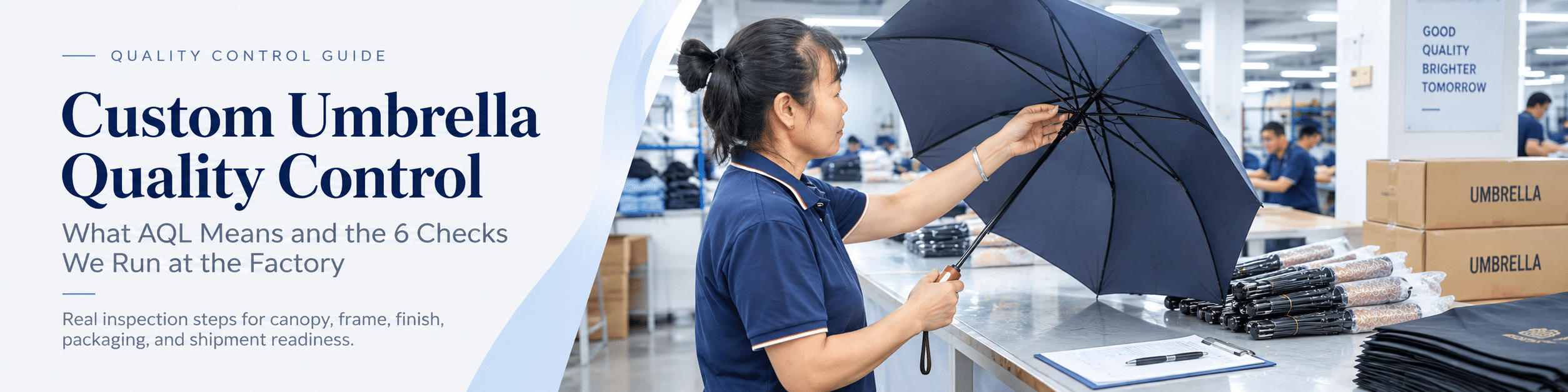 Factory inspector checks a custom umbrella at a production line workbench, with stacked components and quality-control paperwork visible.
