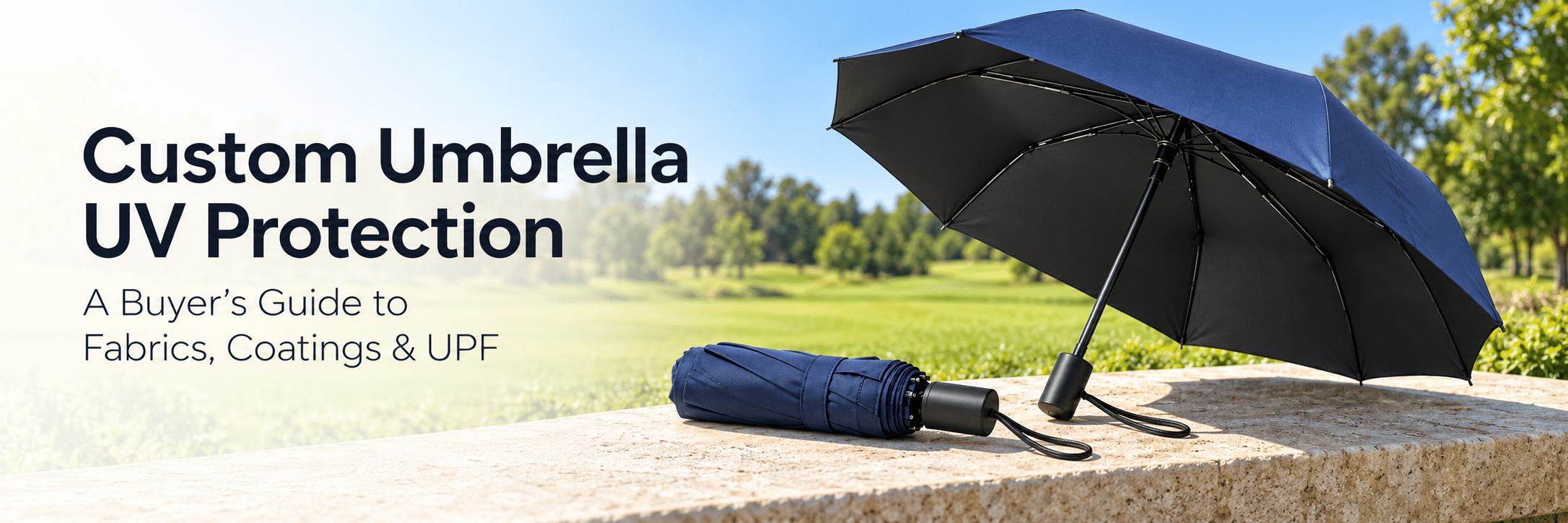 Custom umbrella canopy providing sun shade at an outdoor event with a branded logo.